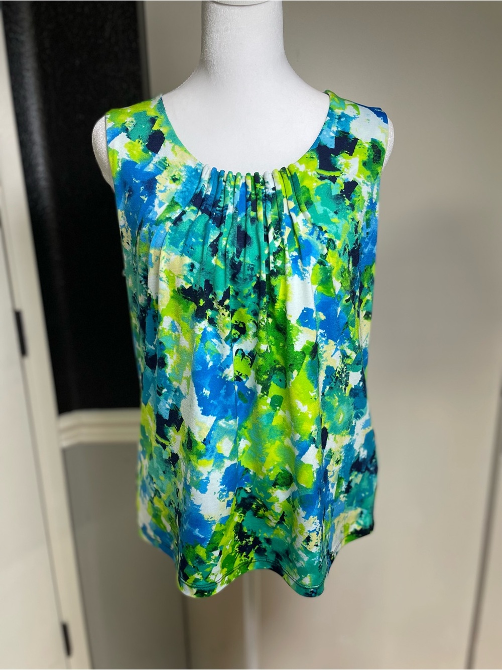 Sleeveless Blue & Green Watercolor Print Top
